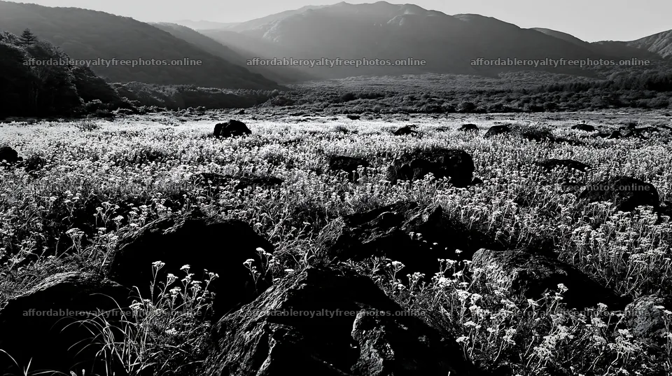 Yamanashi regenerative meadow with basalt stones in – royalty-free photos 10608x5938