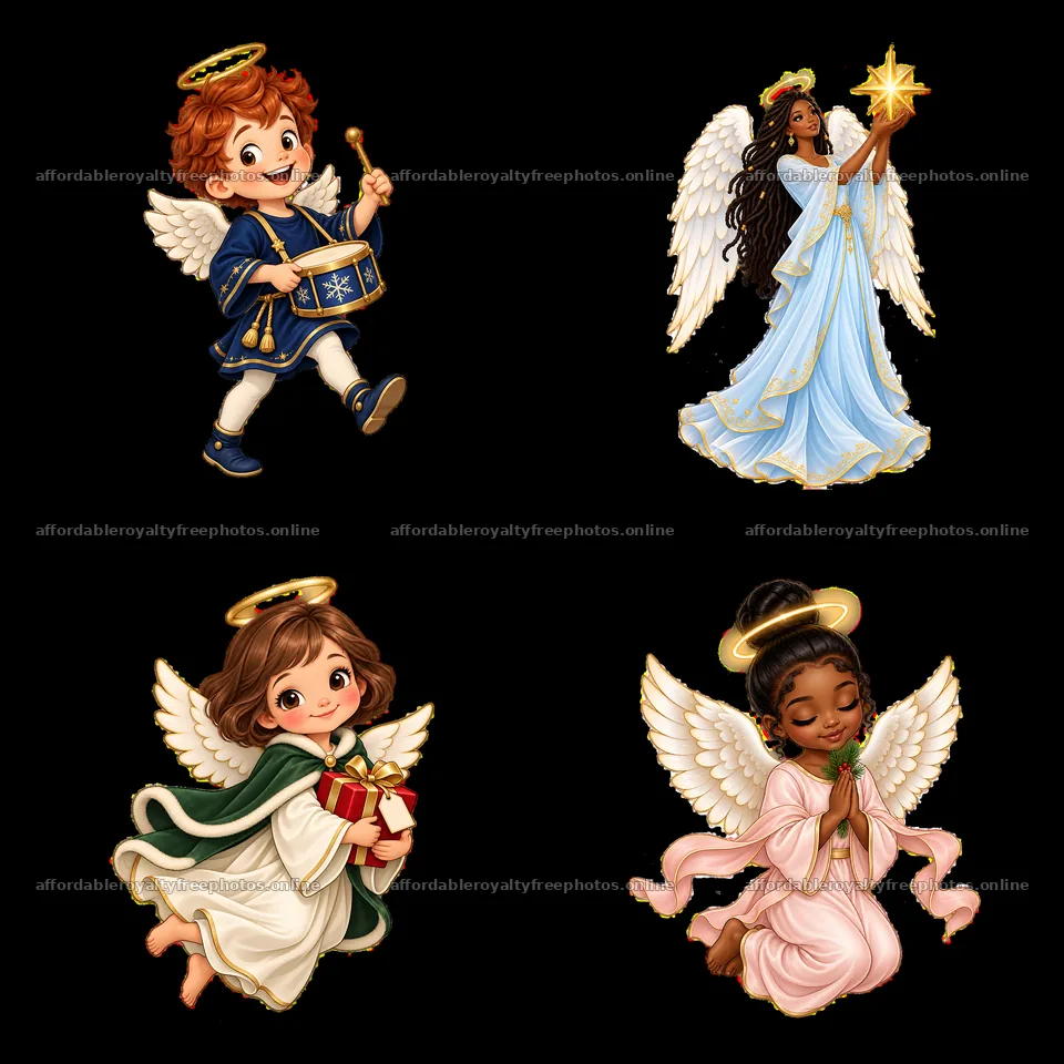 Four Christmas angel cartoon characters in a square – royalty-free photos 7746x7746