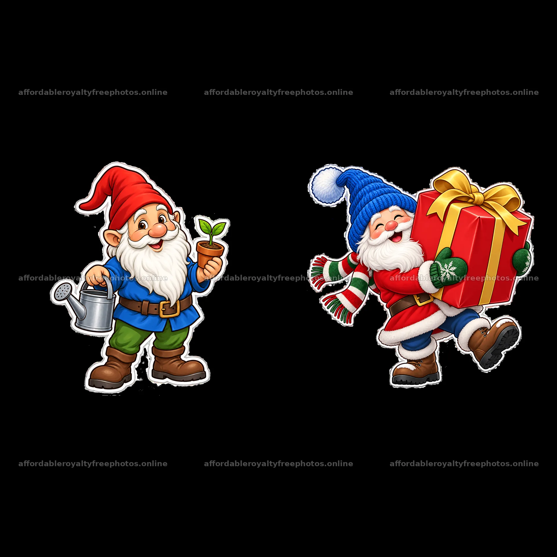 Gnomes with plant and gift in festive attire – royalty-free photos 7746x7746