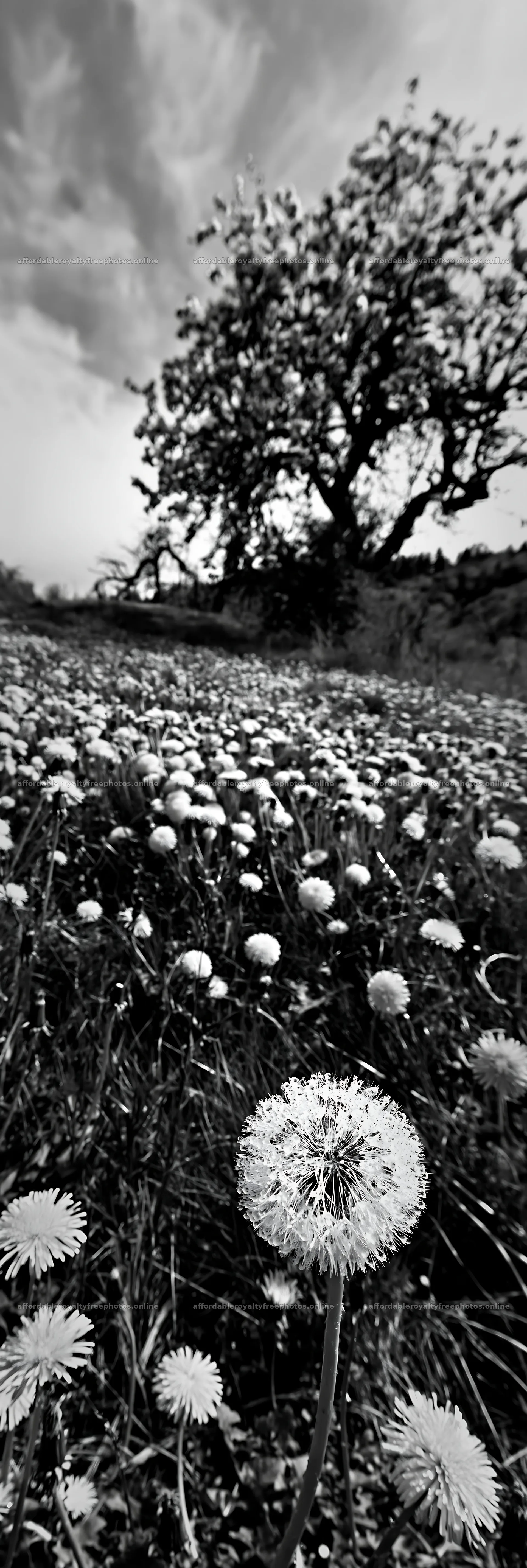 Dandelion meadow with tree in black and white – royalty-free photos 4602x13690