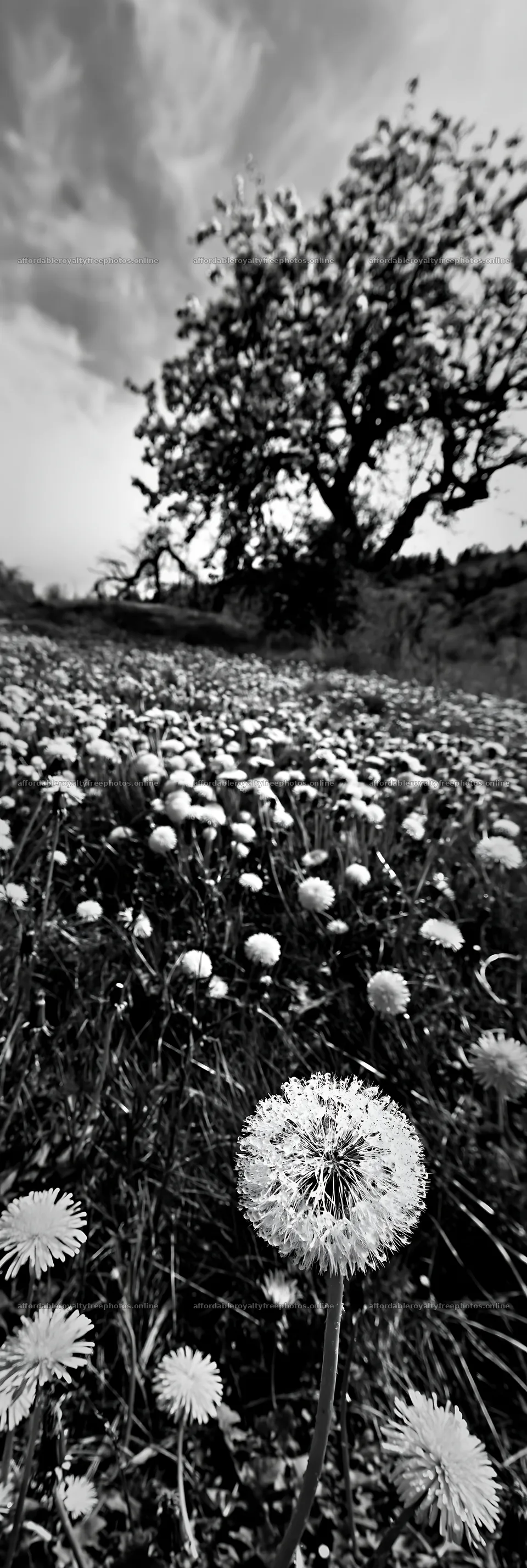 Dandelion meadow with tree in black and white – royalty-free photos 4602x13690