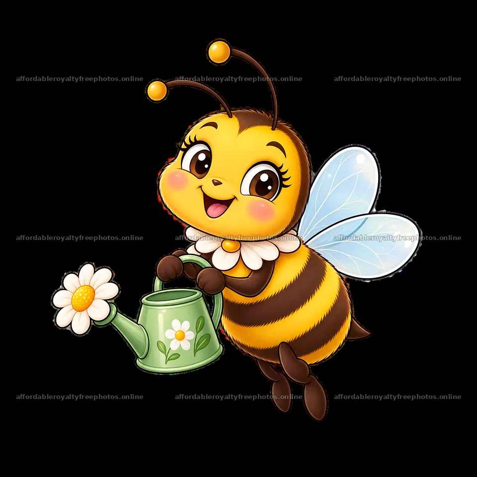 Cute cartoon bee with watering can and daisy flower in – royalty-free photos 7746x7746