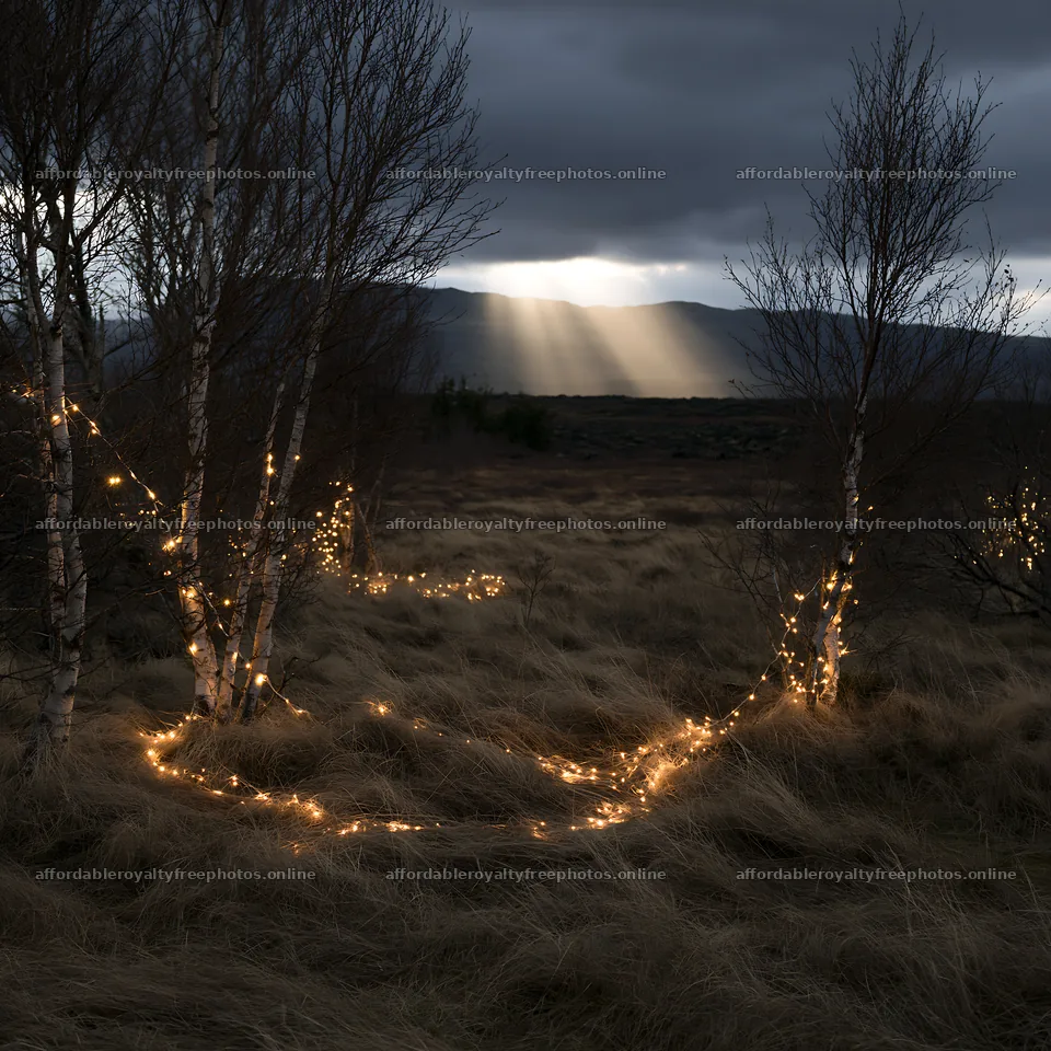 Christmas decorations in meadow with clouds and sunbeams – royalty-free photos 7938x7938