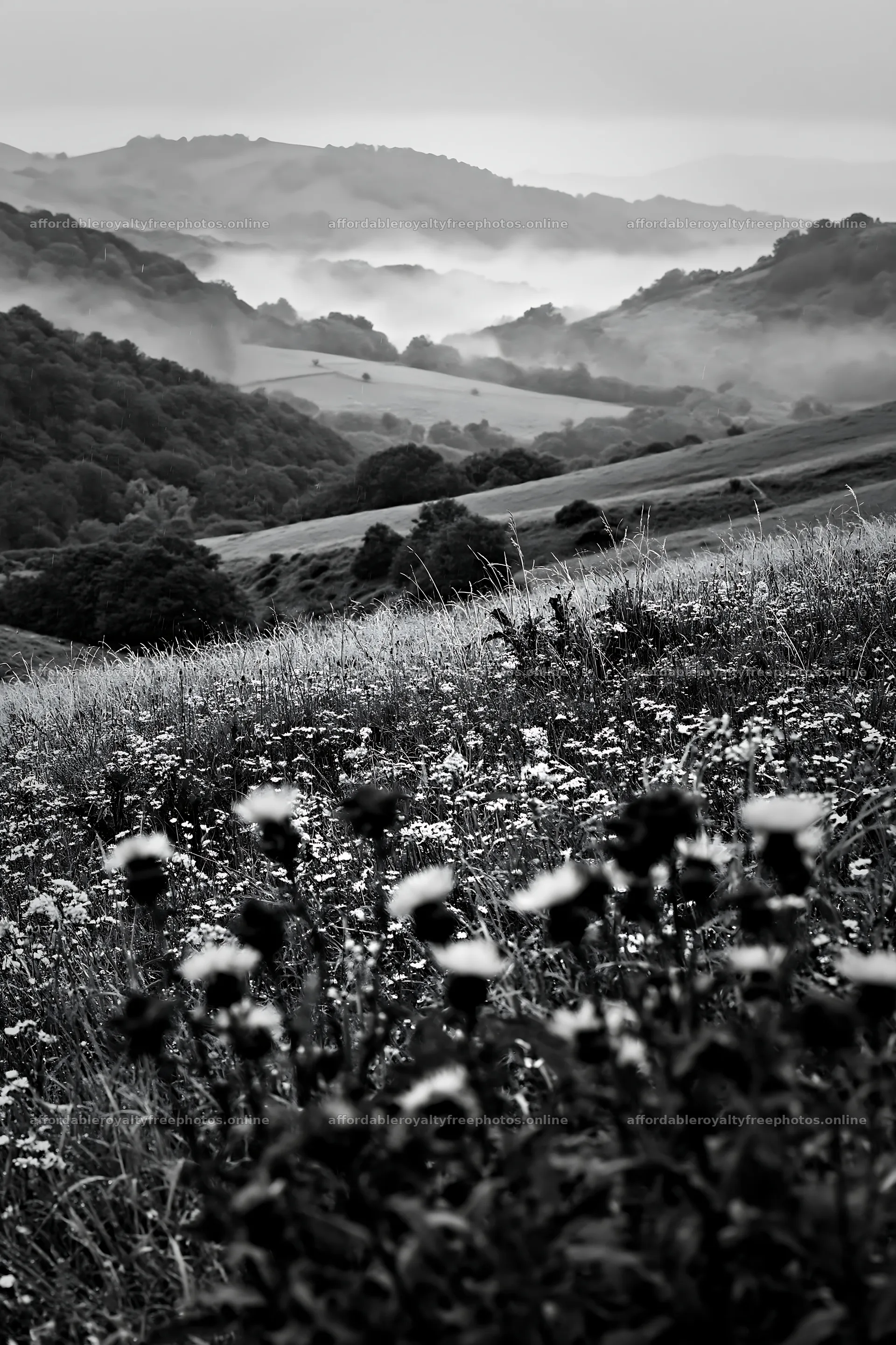 Rolling valley meadows with flowers in foreground – royalty-free photos 6480x9722