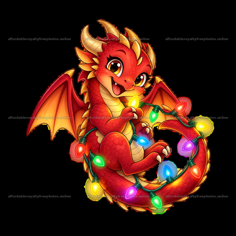 Red dragon wrapped in string lights smiling with – royalty-free photos 7746x7746