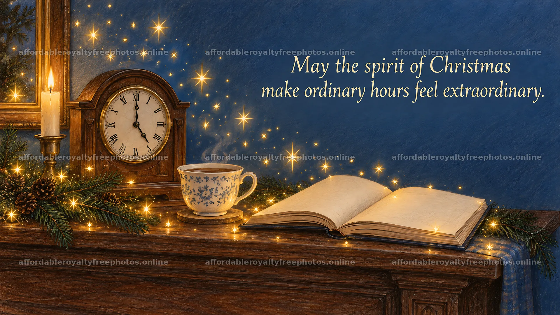 Christmas Greeting with Clock, Candle and Open Book – royalty-free photos 10324x5812
