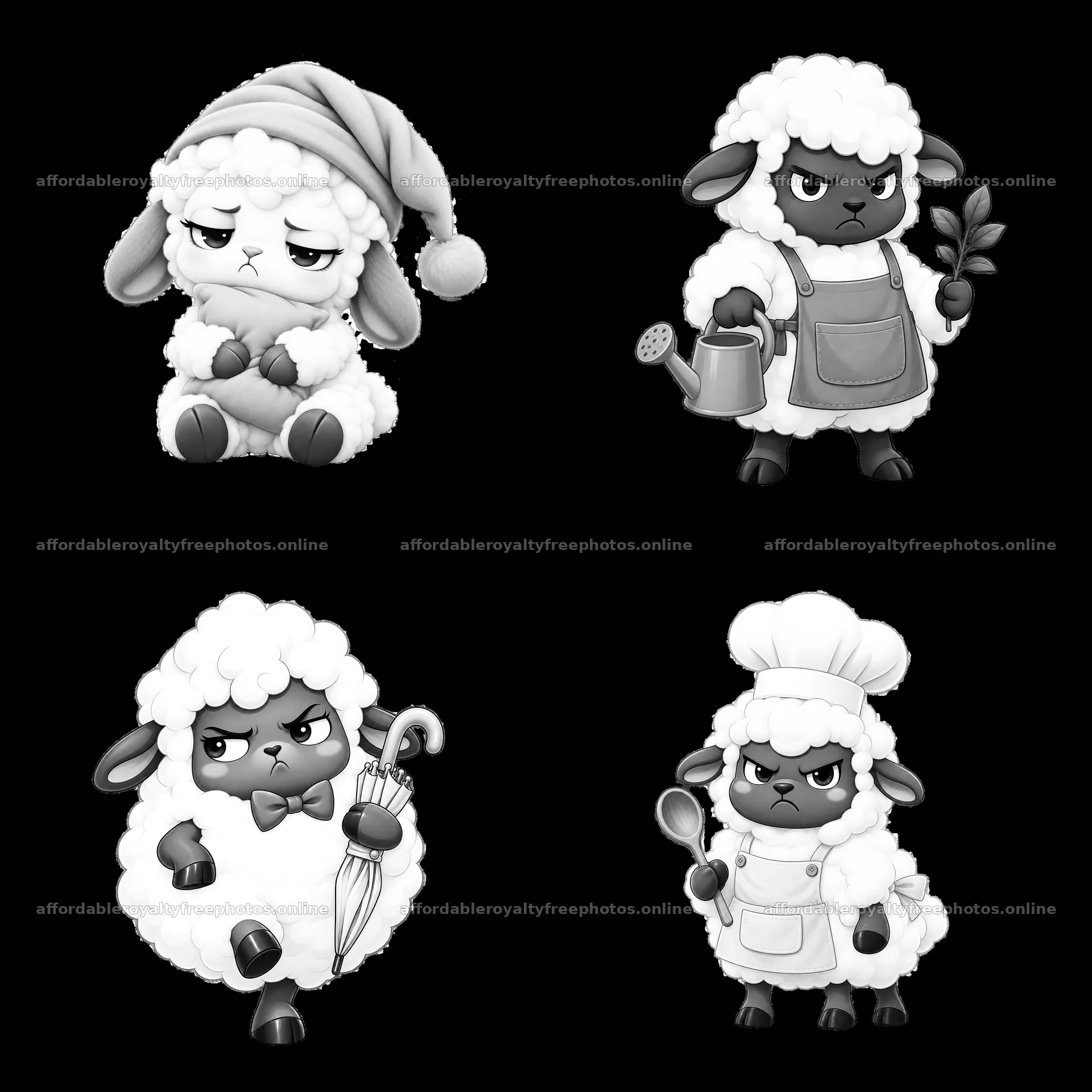 Kawaii grumpy sheep stickers in cute cartoon expressions – royalty-free photos 7746x7746