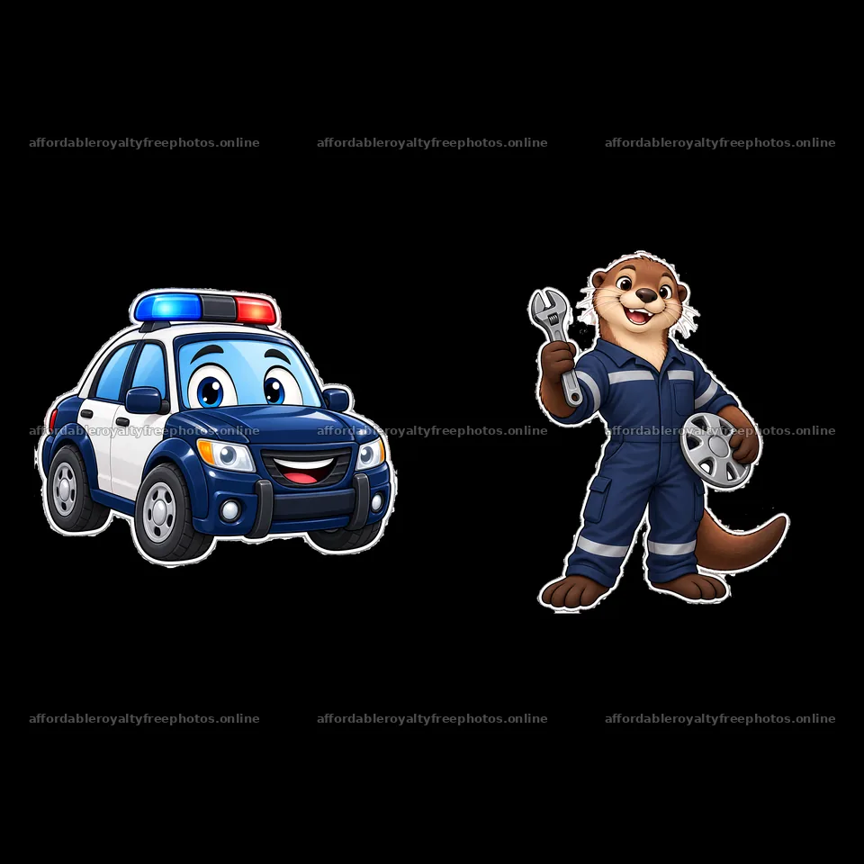Police car and friendly otter mechanic cartoon stickers – royalty-free photos 7746x7746