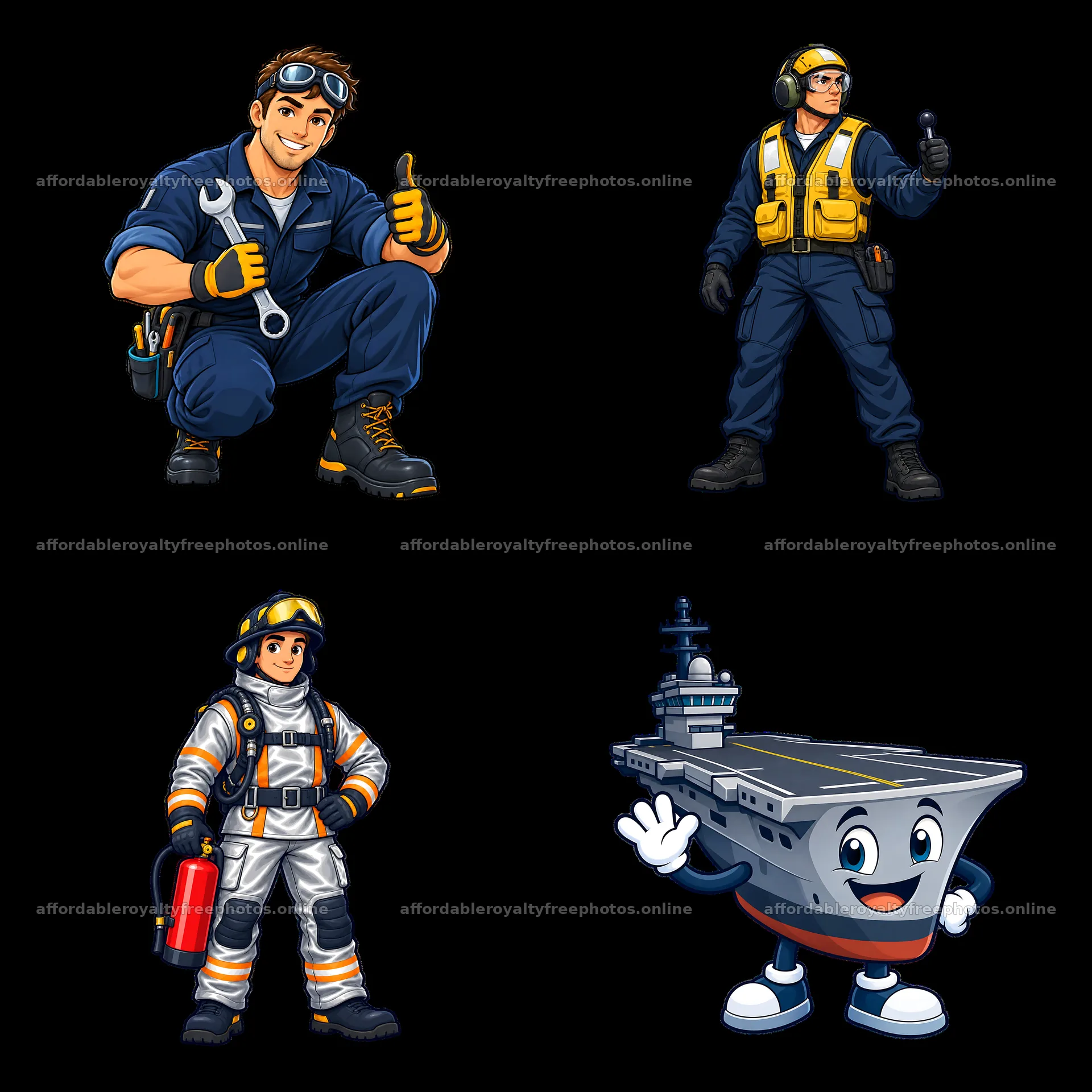 Cartoon characters in action on an aircraft carrier – royalty-free photos 7746x7746