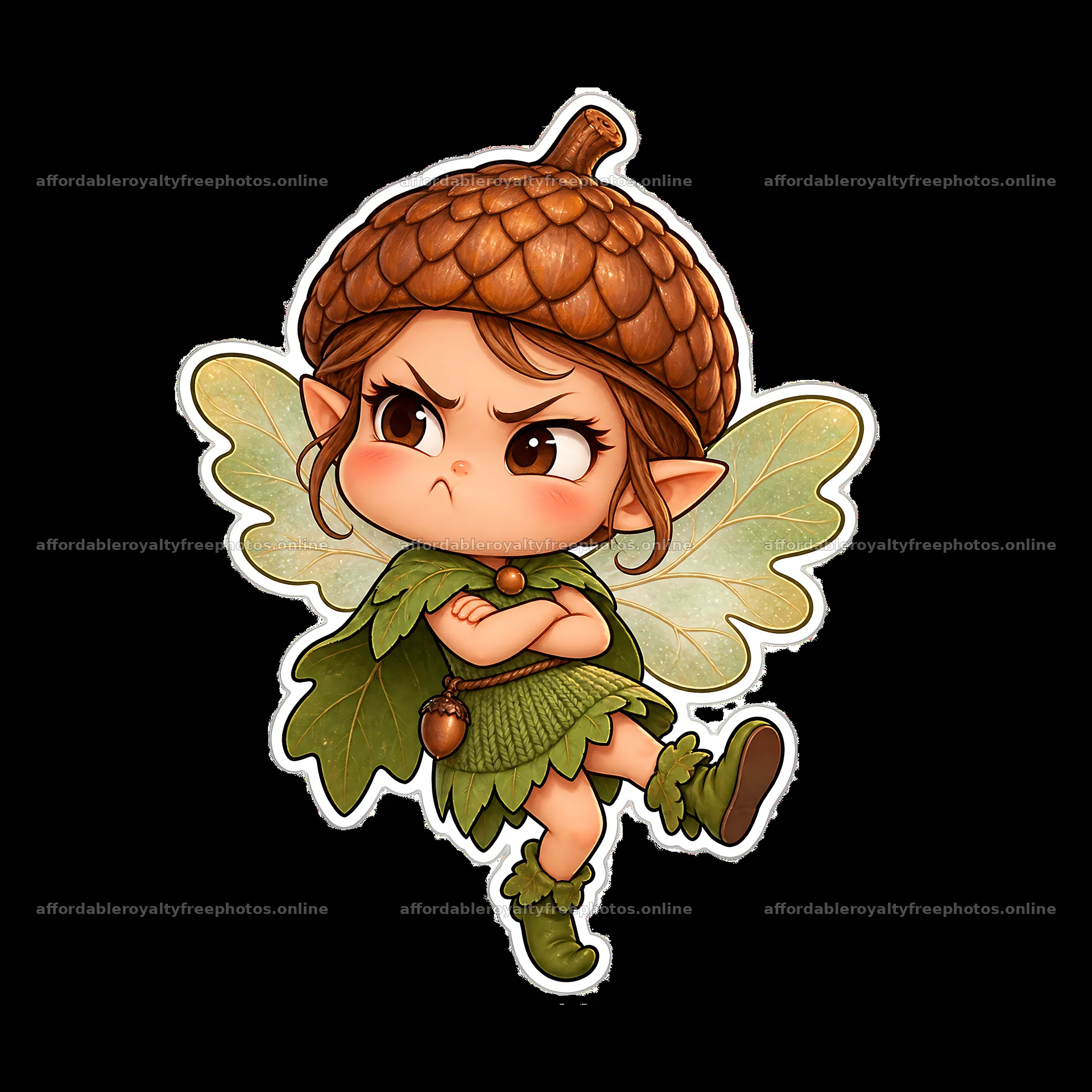 Grumpy fairy character with acorn hat and green outfit – royalty-free photos 7746x7746