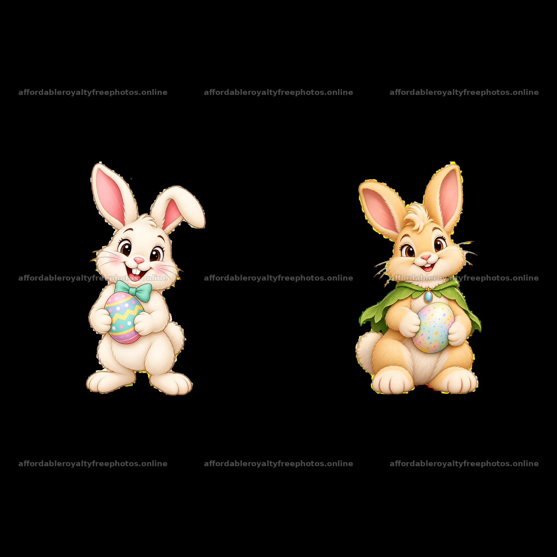 Easter bunnies holding decorated eggs in playful poses – royalty-free photos 7746x7746