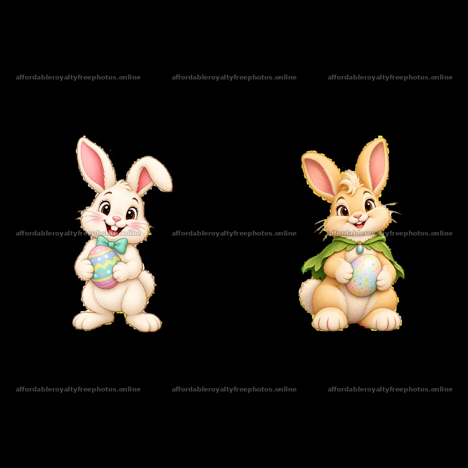 Easter bunnies holding decorated eggs in playful poses – royalty-free photos 7746x7746