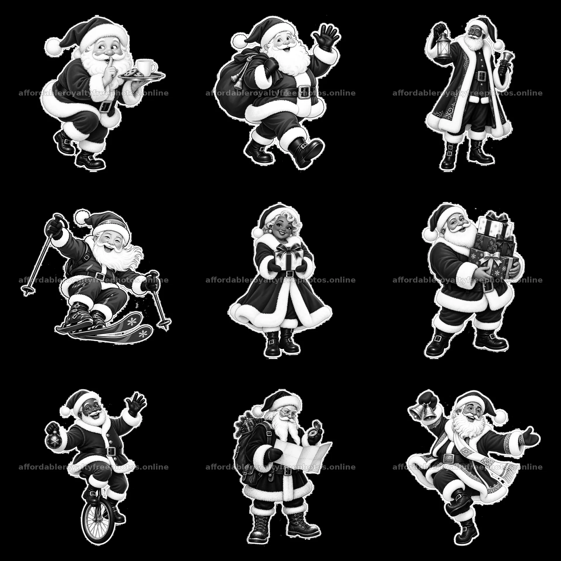 Santa Claus performing various holiday activities in – royalty-free photos 7746x7746
