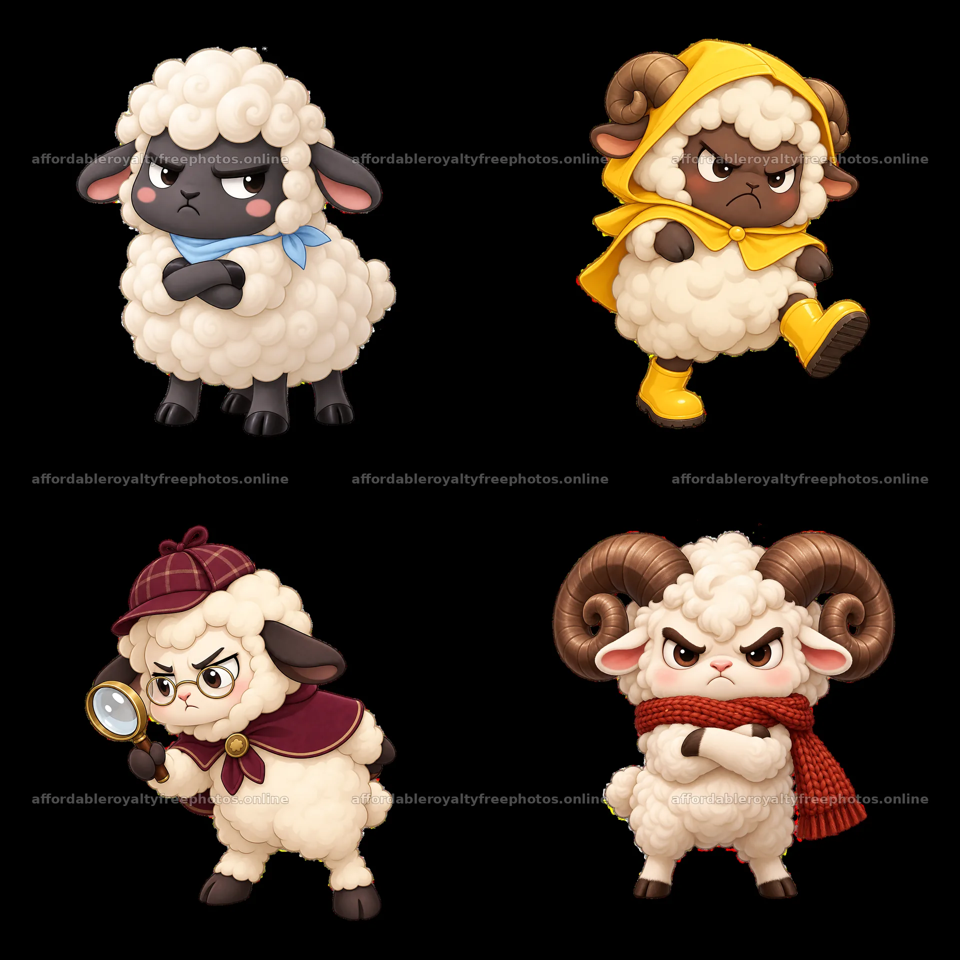 Kawaii grumpy sheep characters with distinct expressions – royalty-free photos 7746x7746