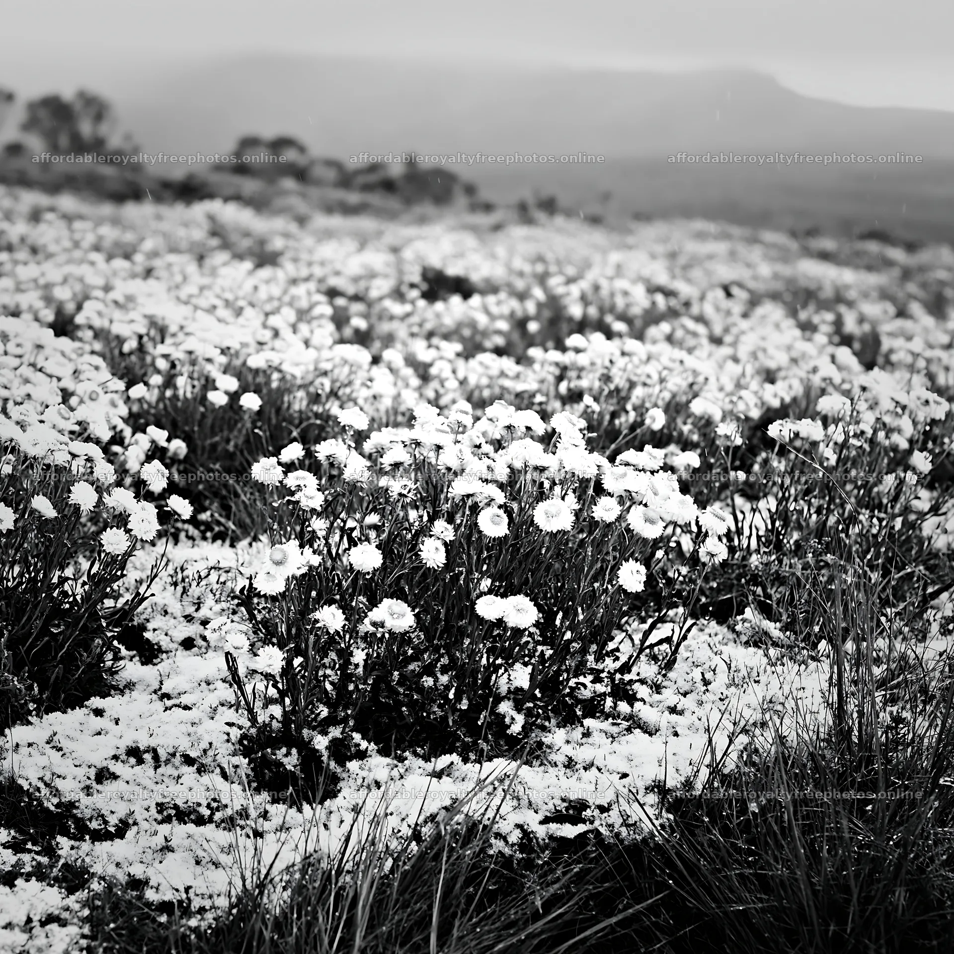 Snowy highland meadow with white flowers and distant – royalty-free photos 7938x7938