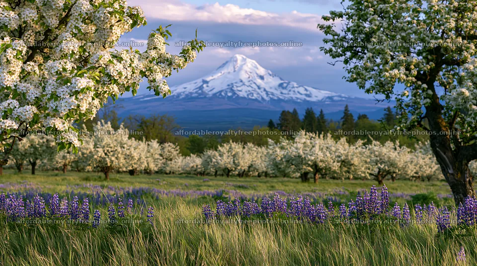 Spring orchard meadow with snow-capped mountain in – royalty-free photos 10608x5938