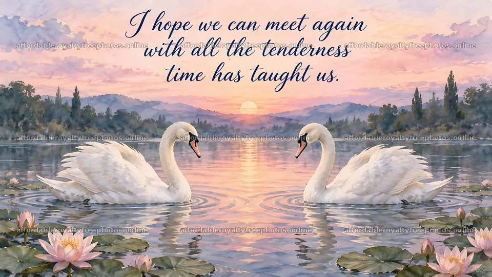 Swans at Sunset with Reunion Message – royalty-free photos 10324x5812