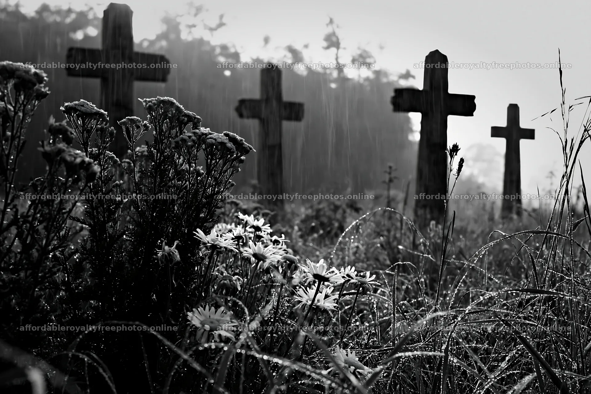 Christian crosses in rain soaked meadow with flowers – royalty-free photos 9722x6480