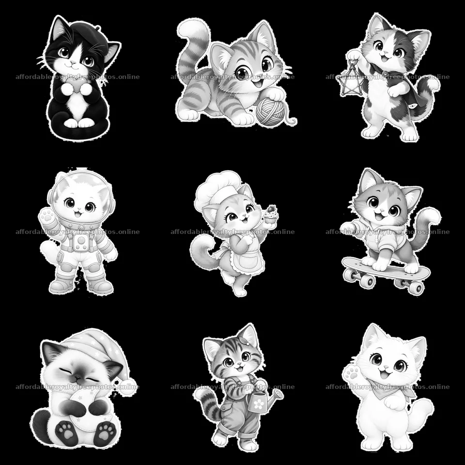 Kawaii cat illustrations in a fun 3x3 arrangement – royalty-free photos 7746x7746