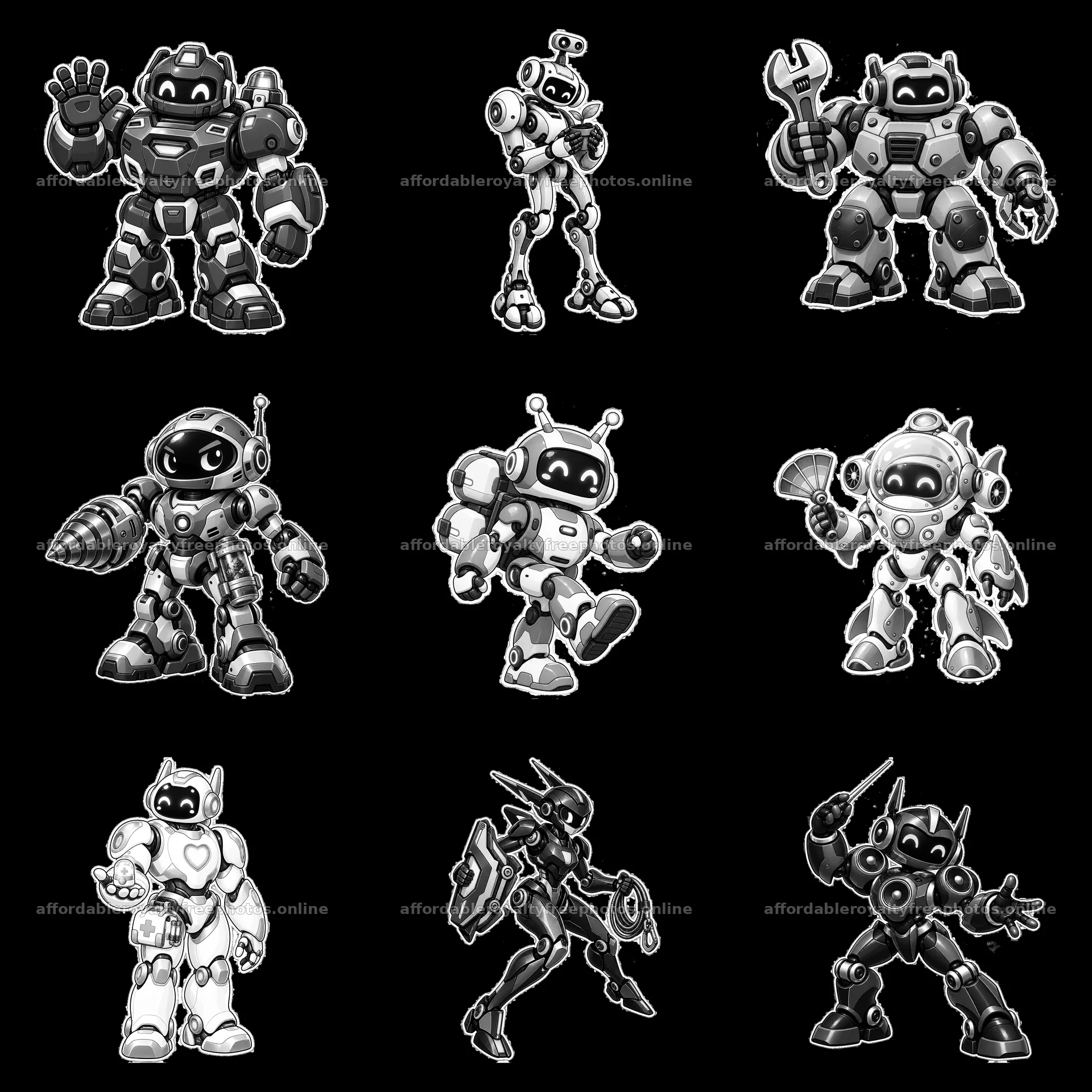 Mech robot stickers in black and white arranged in a 3x3 – royalty-free photos 7746x7746