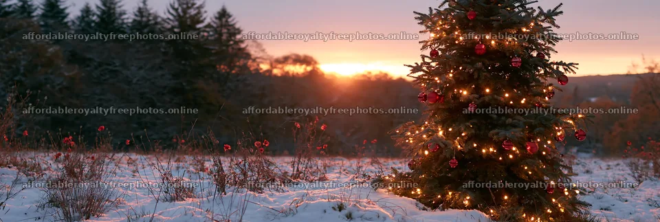 Decorated Christmas tree in snowy meadow at sunset – royalty-free photos 13690x4602