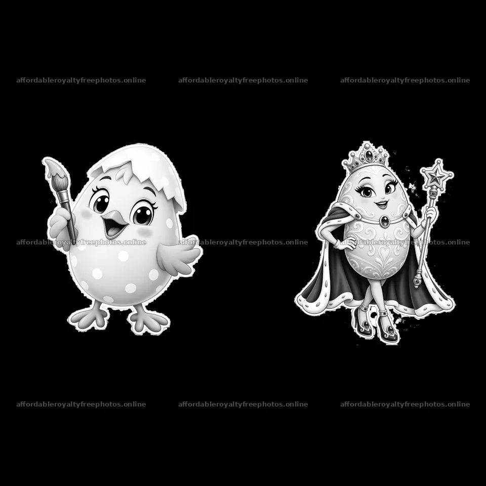 Chick with paintbrush and egg queen in black-and-white design – royalty-free photos 7746x7746