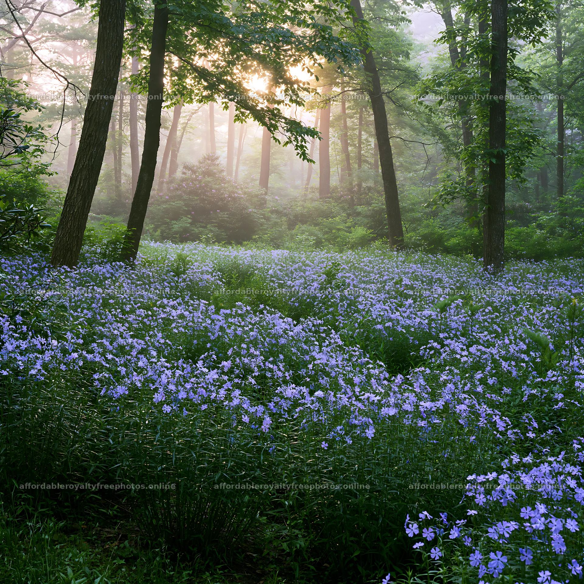 Misty forest meadow with blooming flowers and tall trees – royalty-free photos 7938x7938