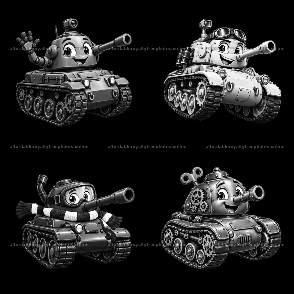 Black and white cartoon tanks with various expressions – royalty-free photos 7746x7746