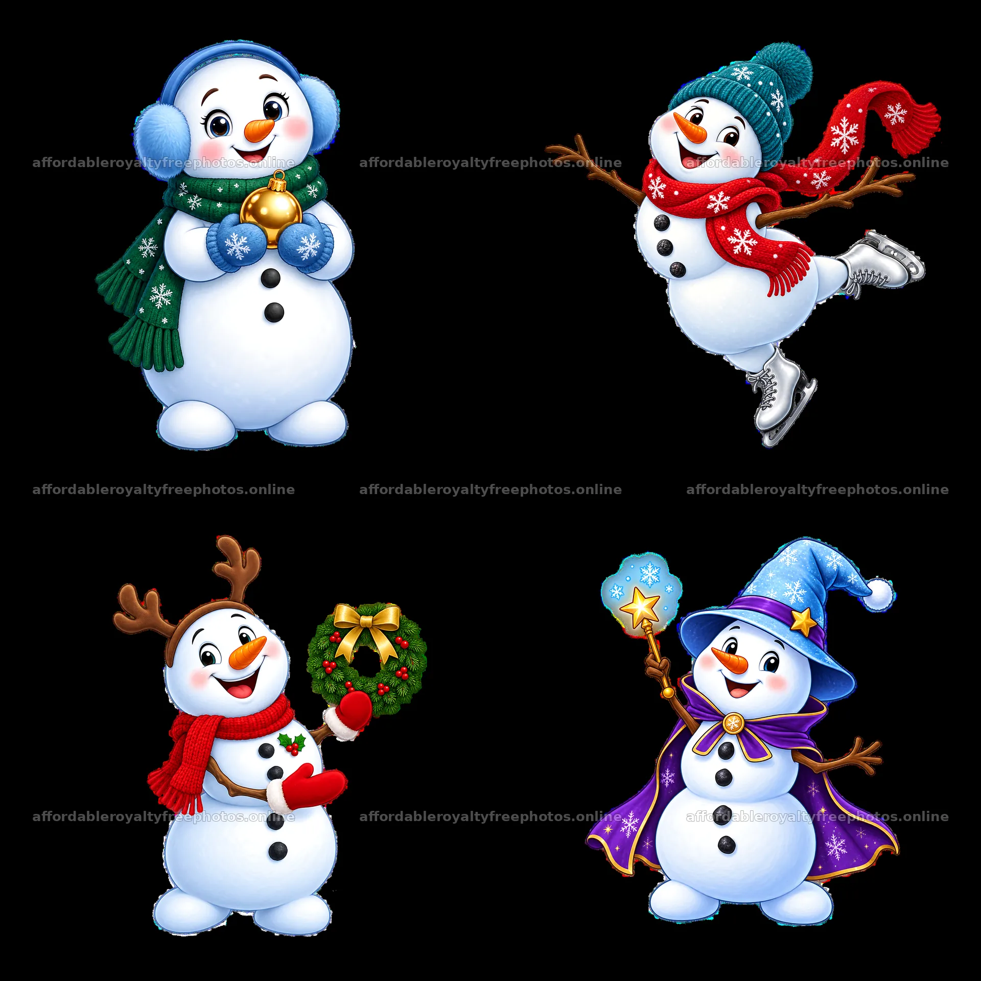 Four cheerful snowmen enjoying Christmas activities – royalty-free photos 7746x7746