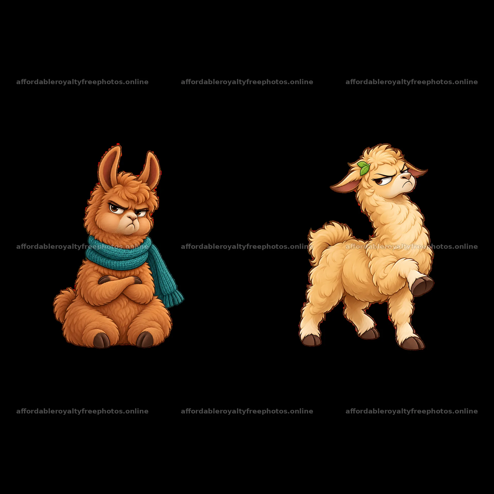 Grumpy llama cartoon sticker set with two unique – royalty-free photos 7746x7746