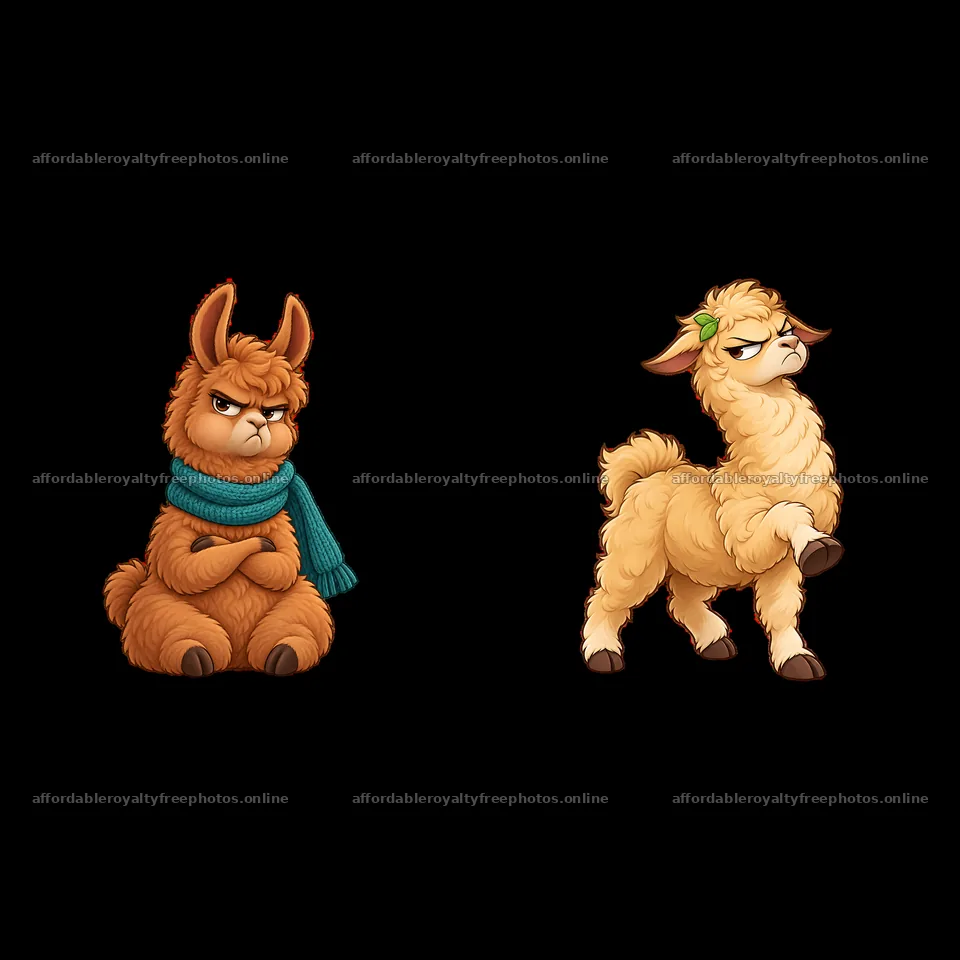 Grumpy llama cartoon sticker set with two unique – royalty-free photos 7746x7746