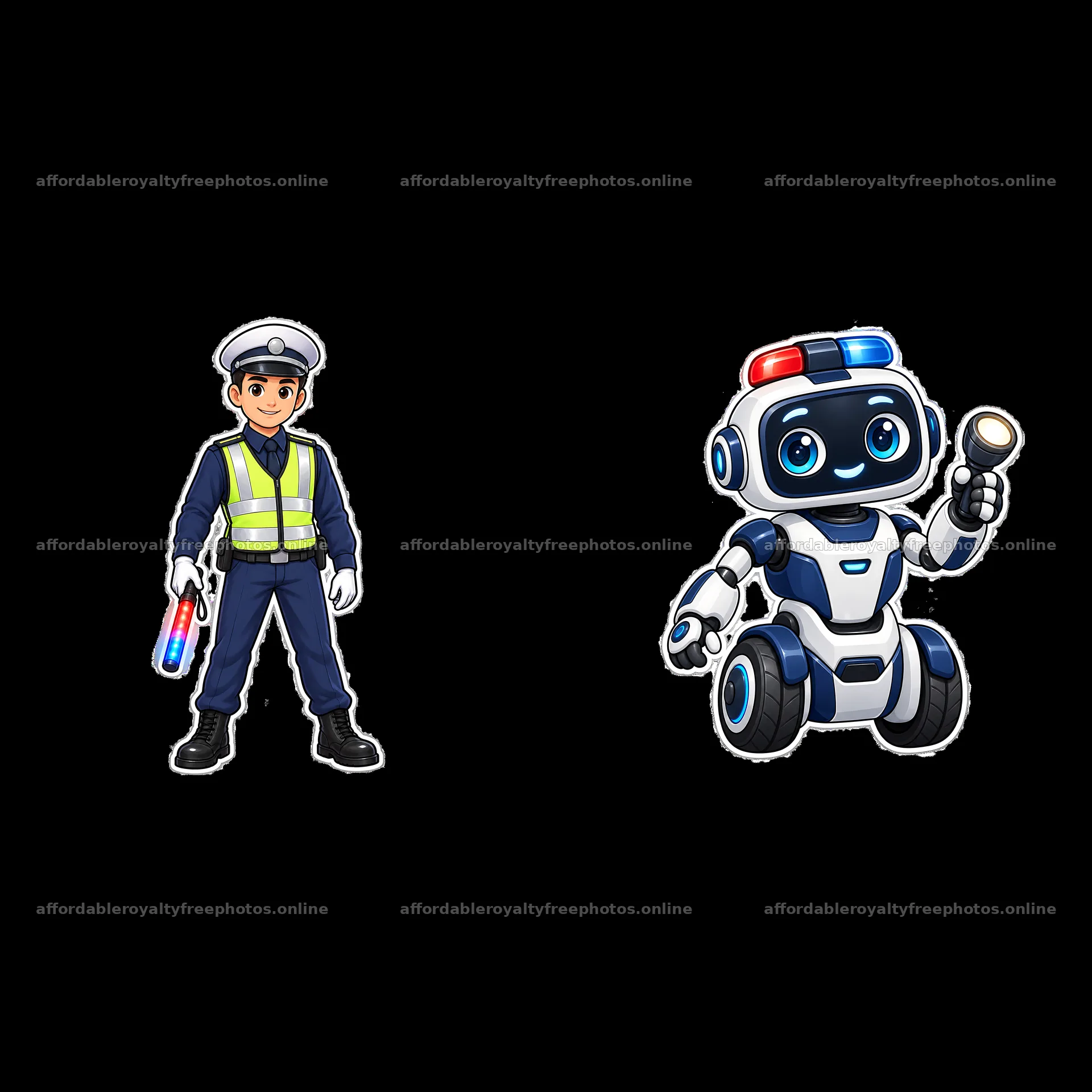 Police officer and friendly robot cartoon sticker duo – royalty-free photos 7746x7746