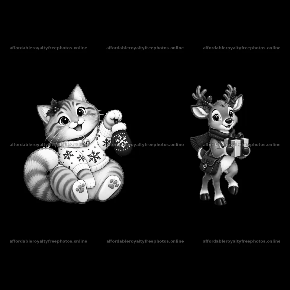 Cat and reindeer with Christmas gifts and ornament – royalty-free photos 7746x7746