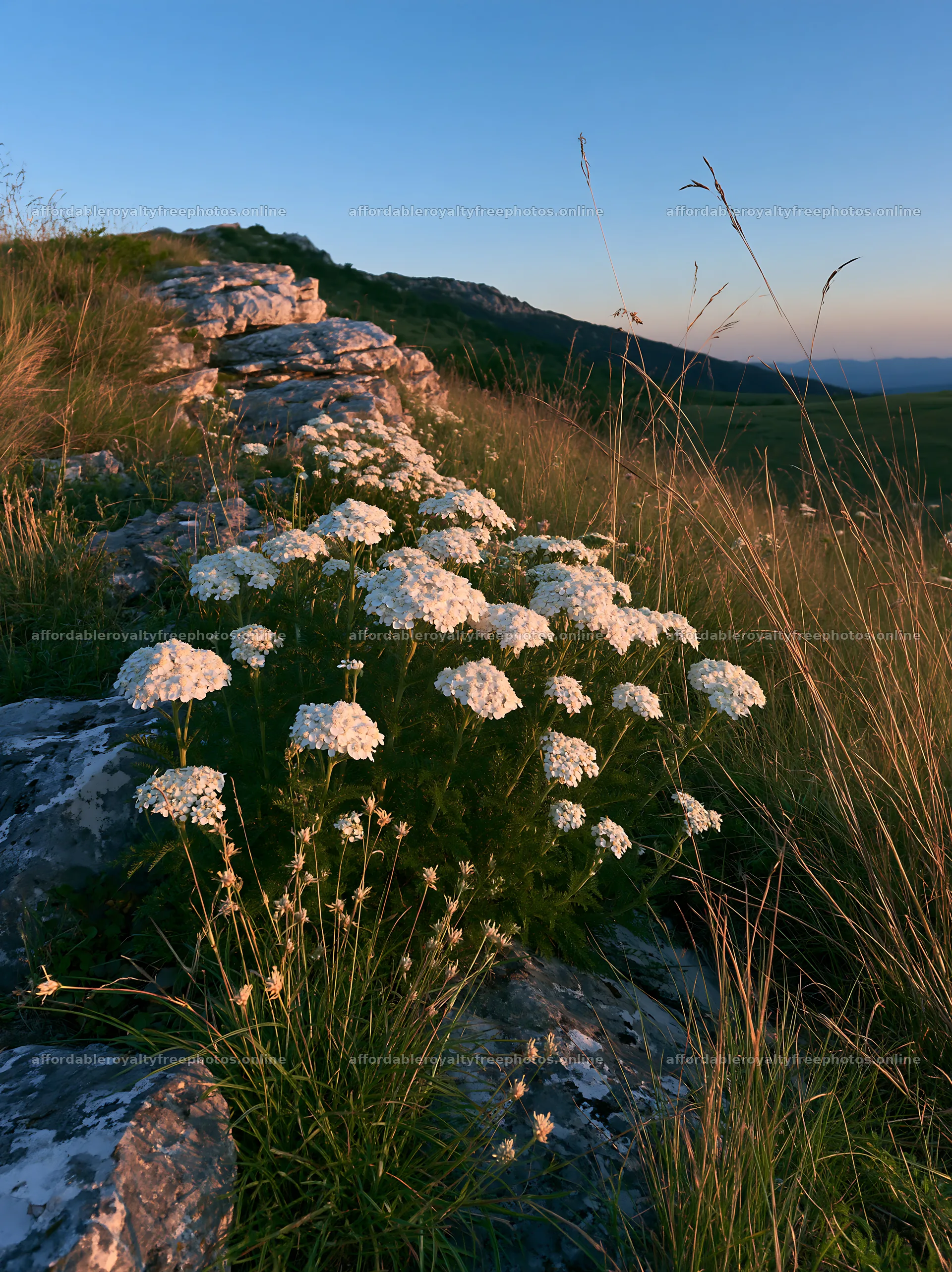 Twilight meadow with yarrow flowers near rocky hillside – royalty-free photos 6866x9174