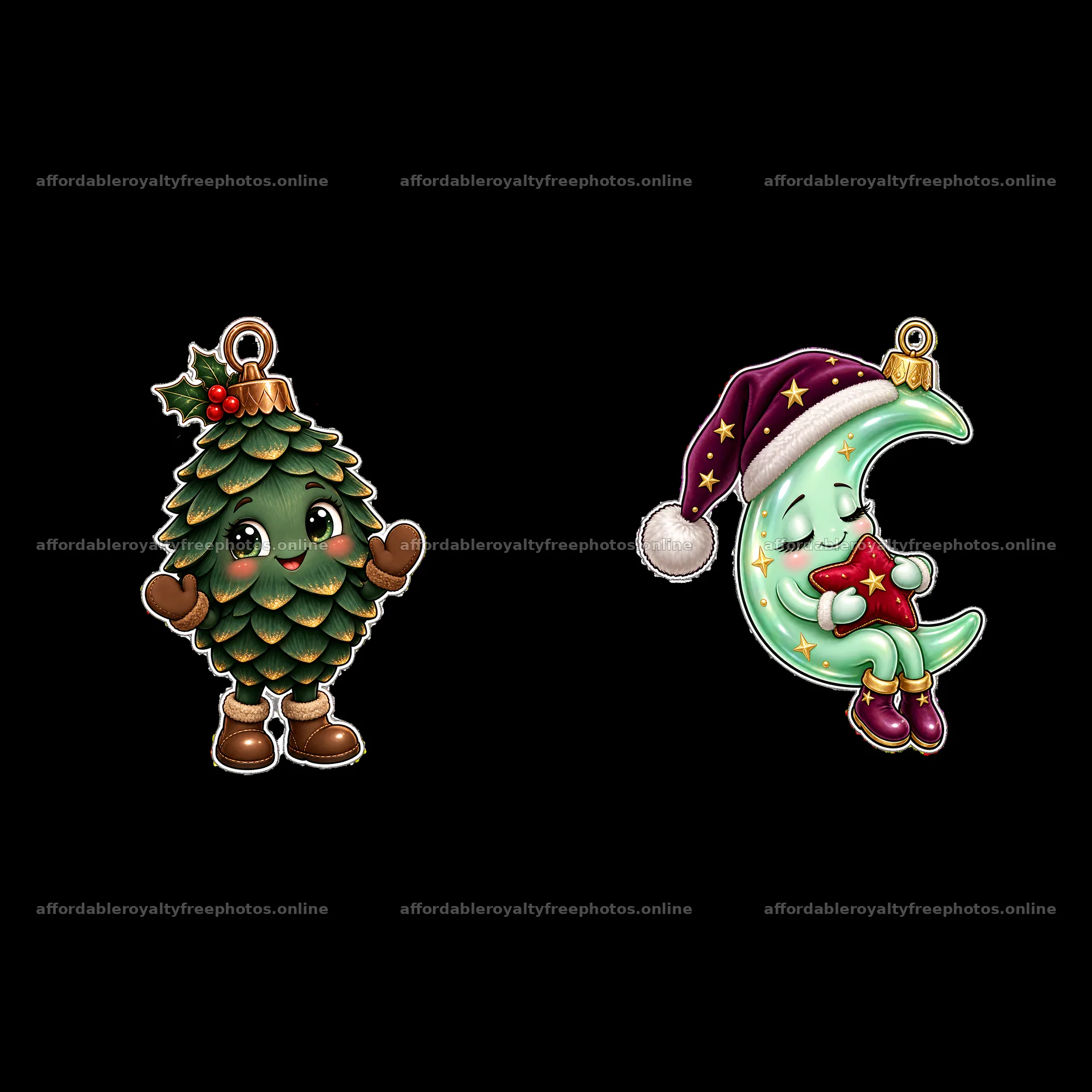 Cute cartoon Christmas tree and moon ornaments with – royalty-free photos 7746x7746