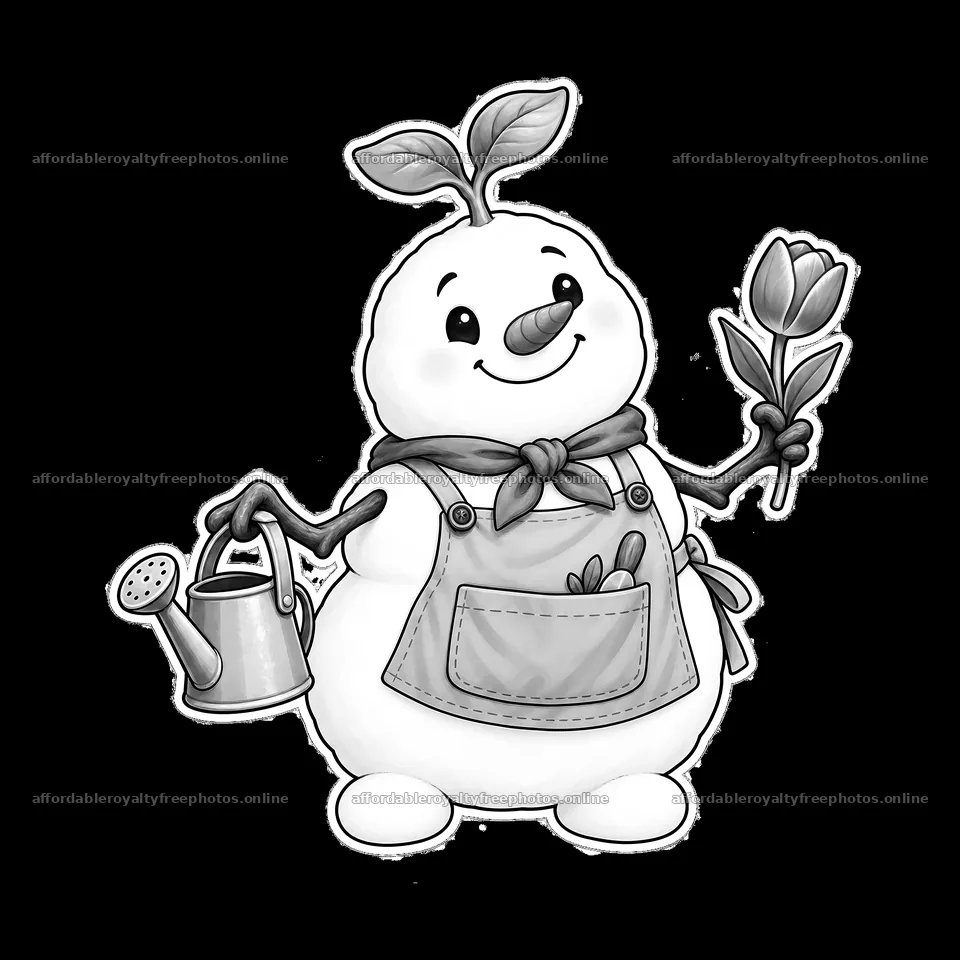 Snowman holding a flower and watering can in a garden – royalty-free photos 7746x7746