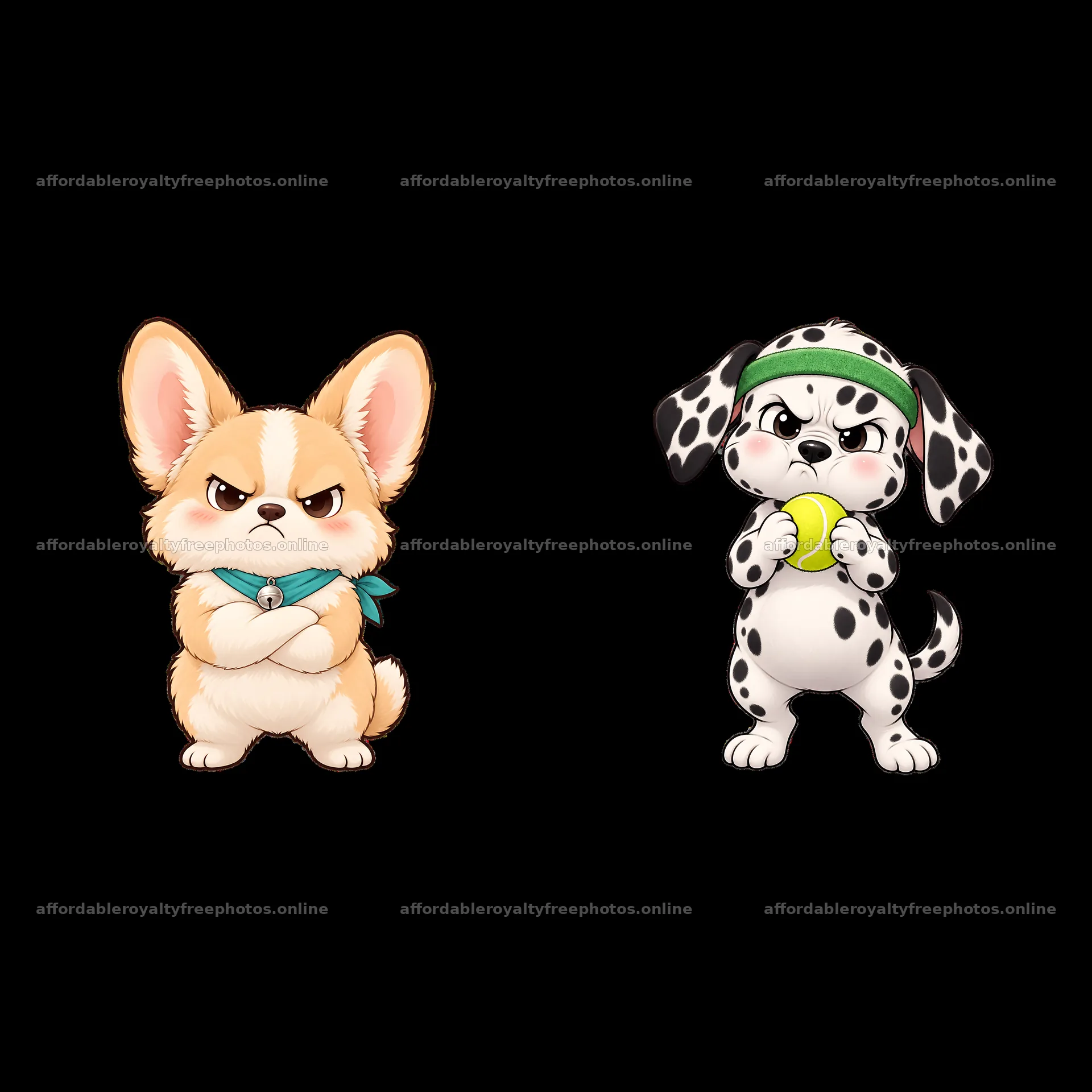 Kawaii grumpy dog stickers with a corgi and dalmatian – royalty-free photos 7746x7746