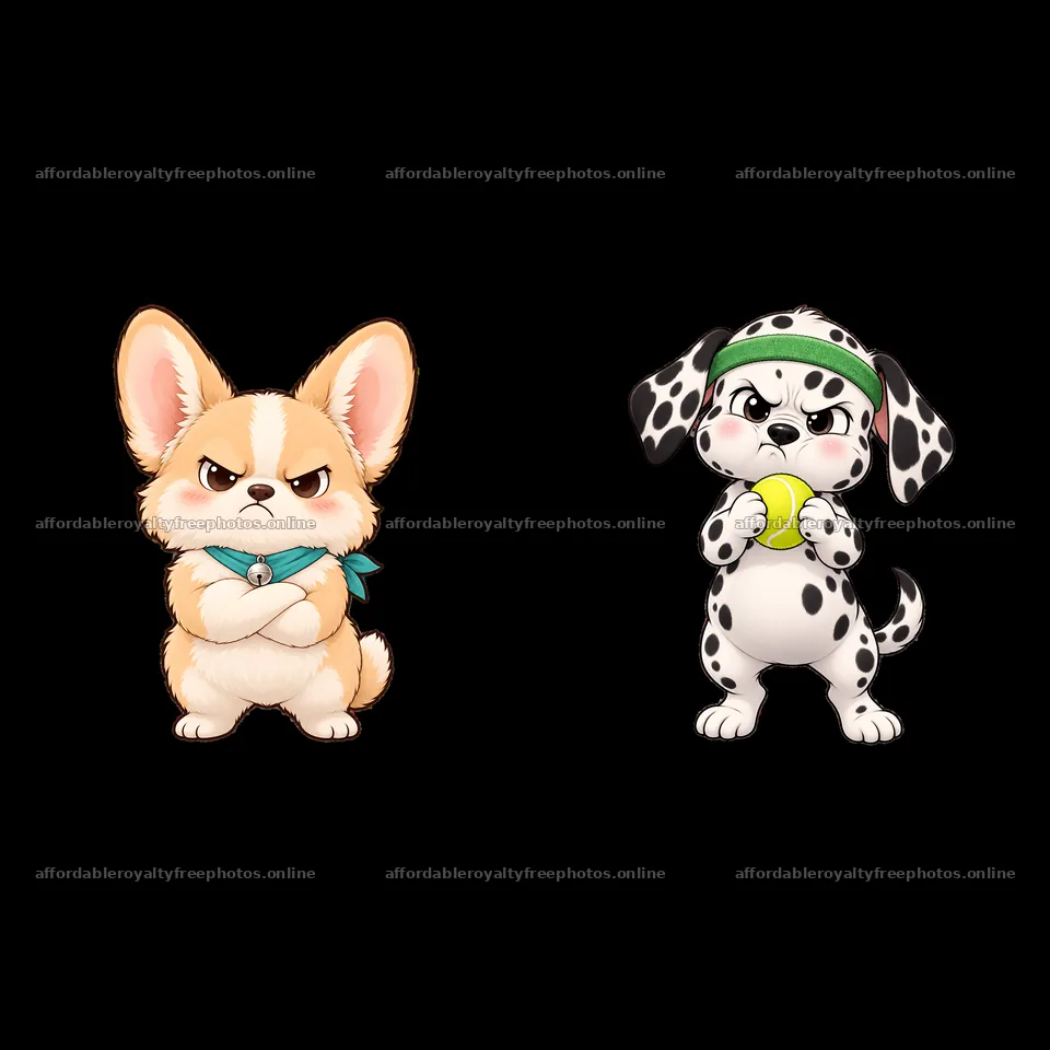 Kawaii grumpy dog stickers with a corgi and dalmatian – royalty-free photos 7746x7746