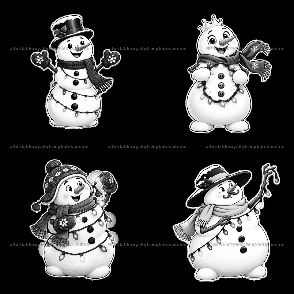 Snowman characters with string lights in a monochrome – royalty-free photos 7746x7746