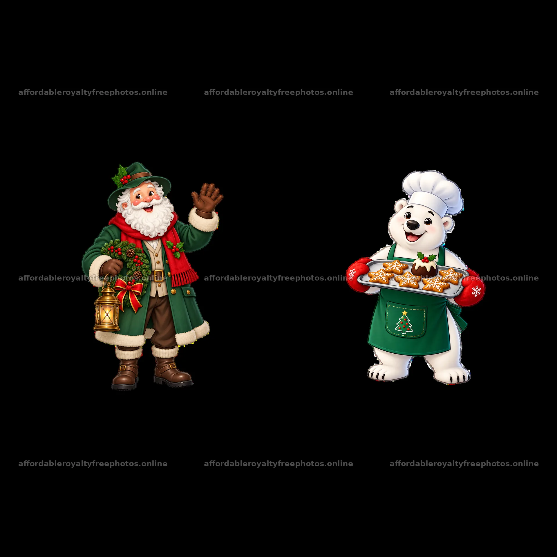 Santa Claus and polar bear chef with cookies for – royalty-free photos 7746x7746