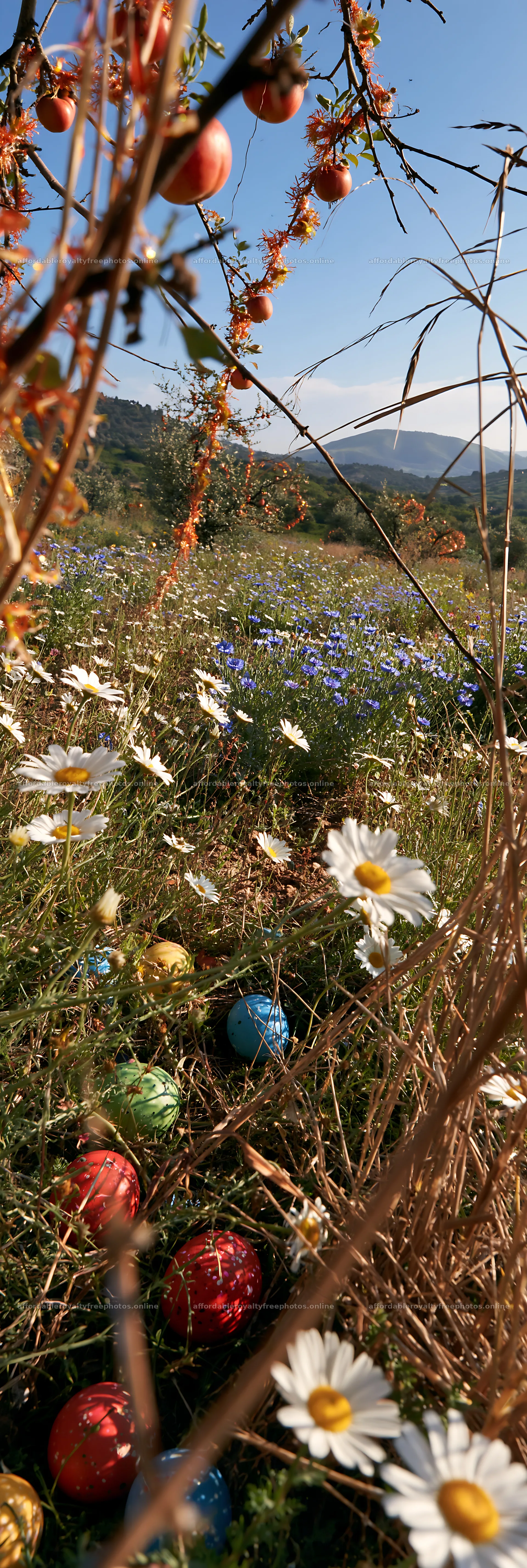 Meadow with wildflowers and colorful decorations in – royalty-free photos 4602x13690