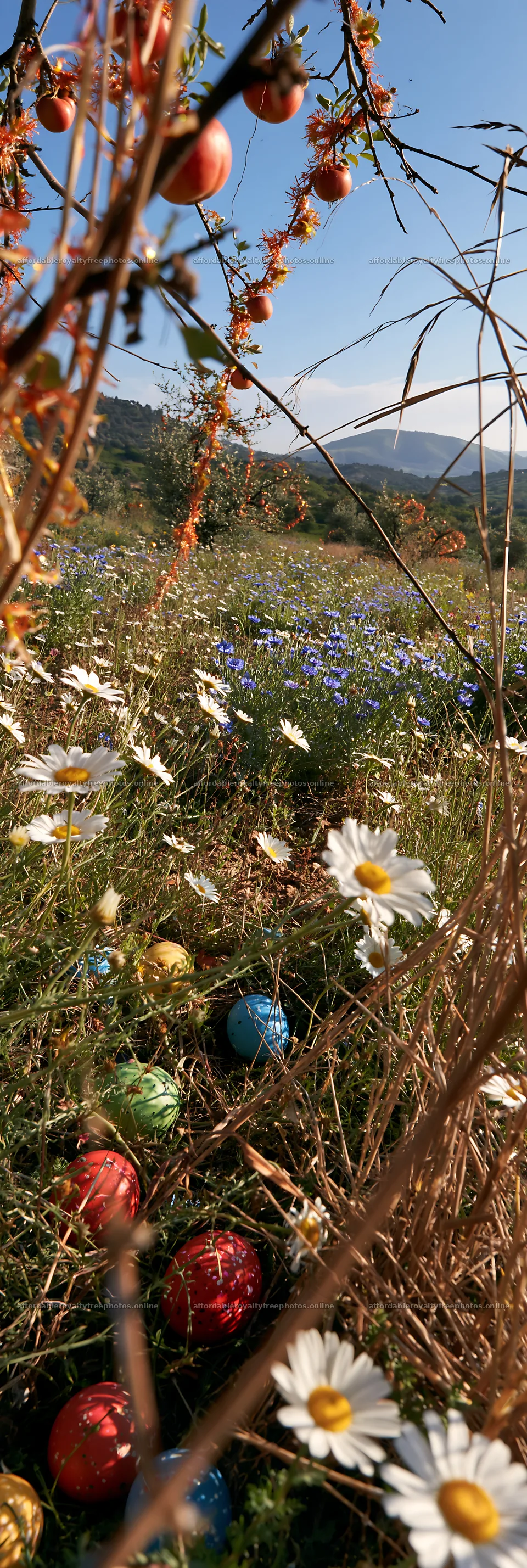 Meadow with wildflowers and colorful decorations in – royalty-free photos 4602x13690