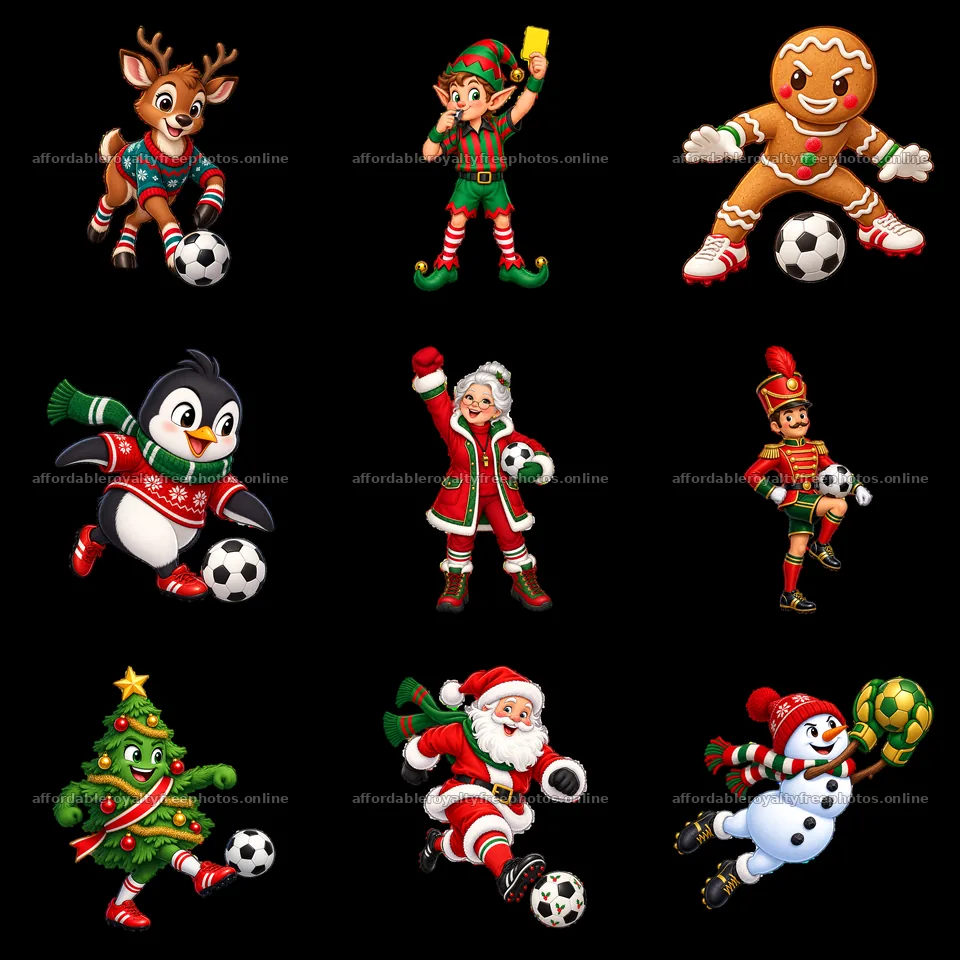 Christmas soccer characters playing soccer in a 3x3 grid – royalty-free photos 7746x7746