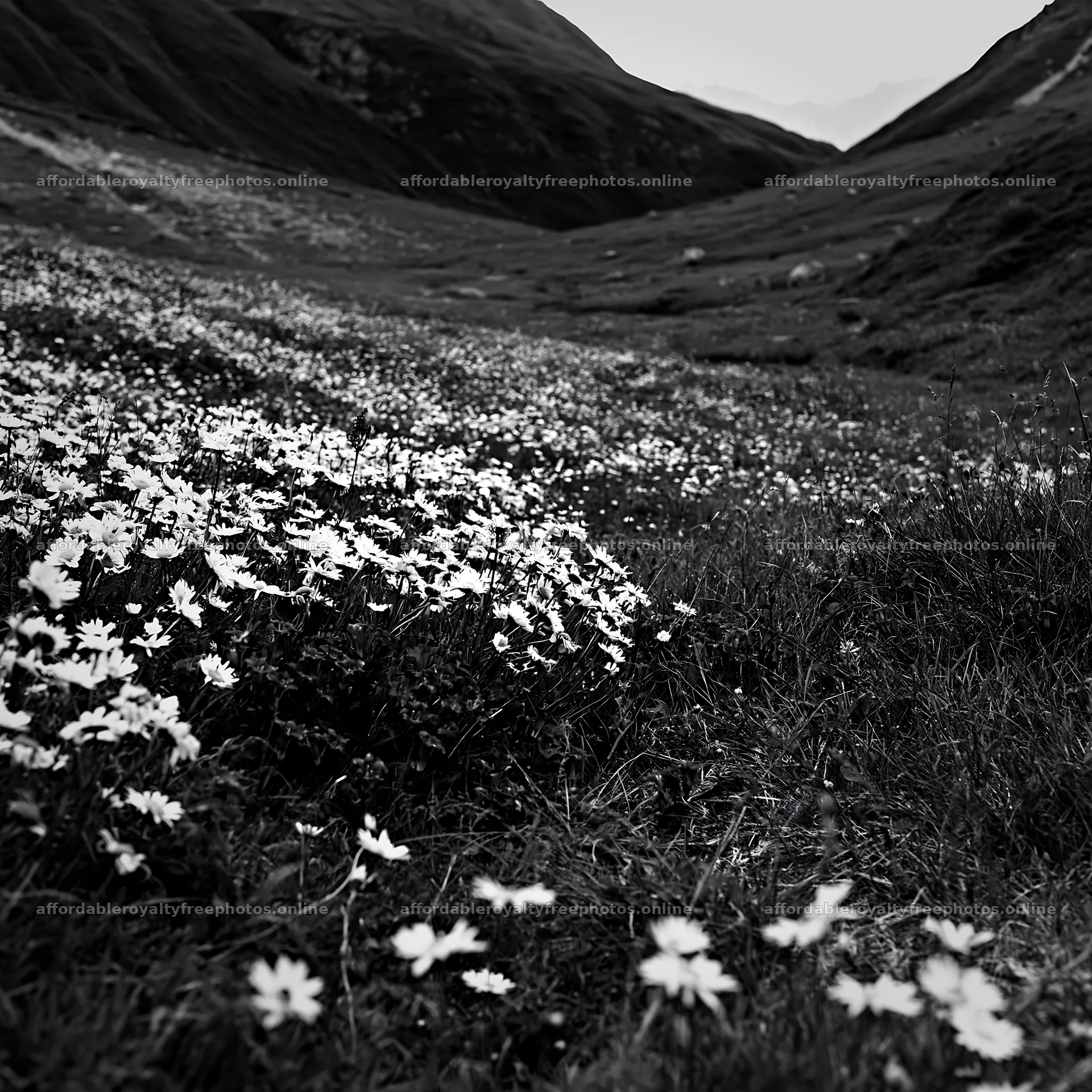Swiss alpine meadow with white flowers in black and white – royalty-free photos 7938x7938
