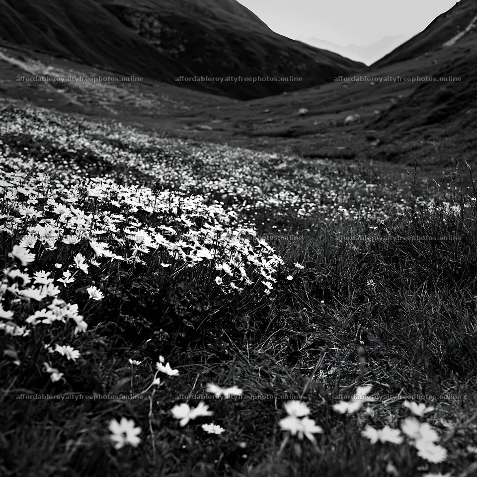 Swiss alpine meadow with white flowers in black and white – royalty-free photos 7938x7938