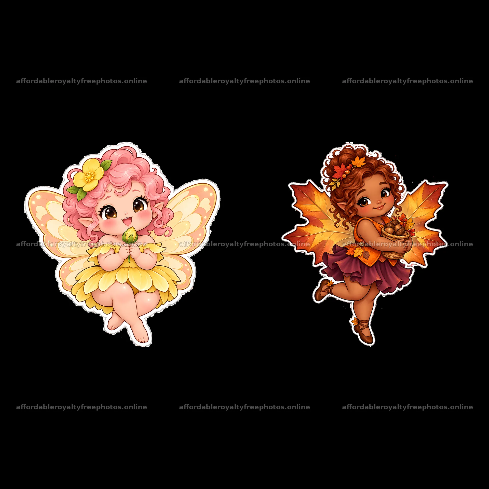 Chubby kawaii fairies holding flowers and acorns in a – royalty-free photos 7746x7746