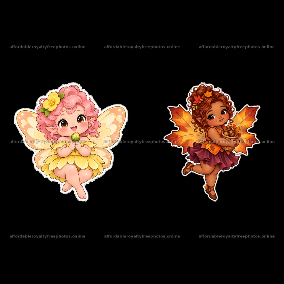 Chubby kawaii fairies holding flowers and acorns in a – royalty-free photos 7746x7746
