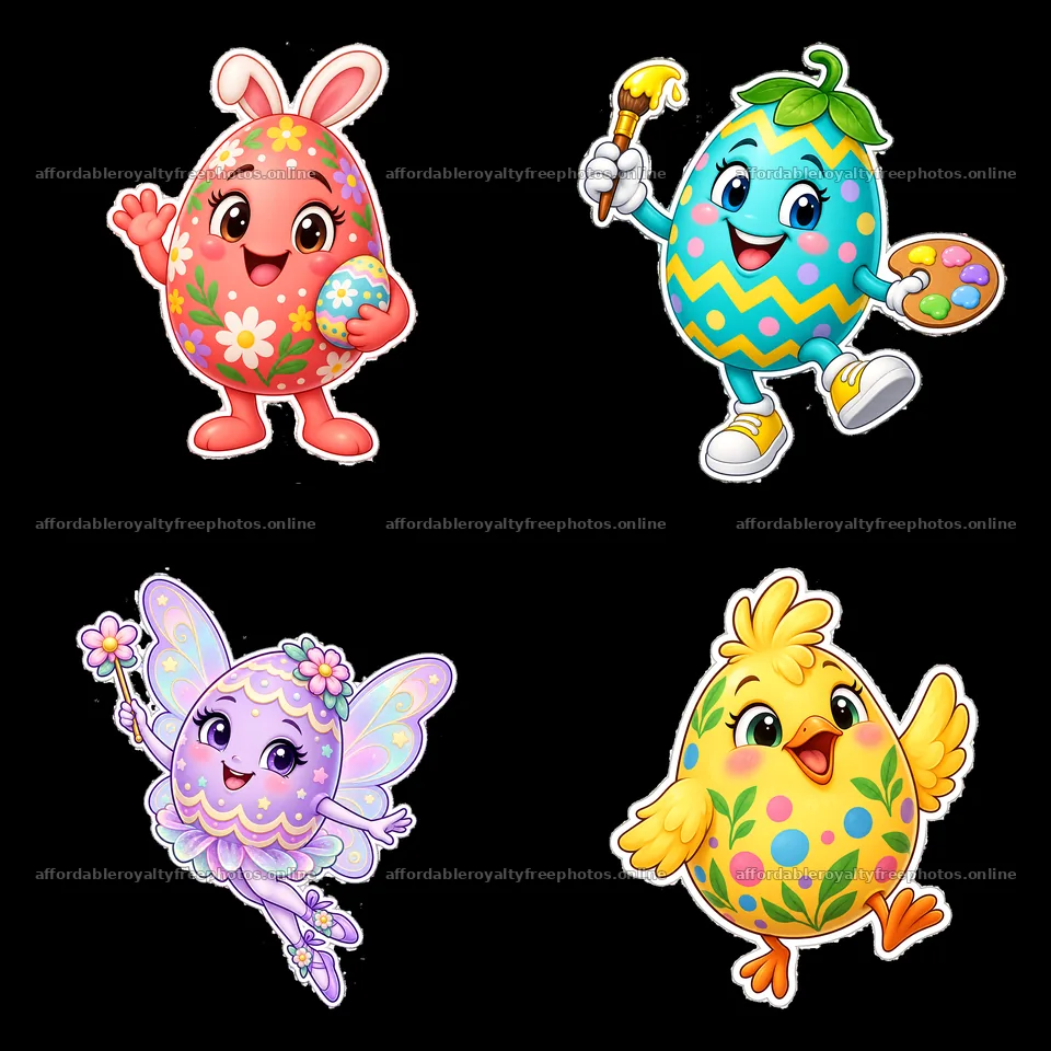 Colorful Easter eggs with bunny, fairy, and chick in a – royalty-free photos 7746x7746