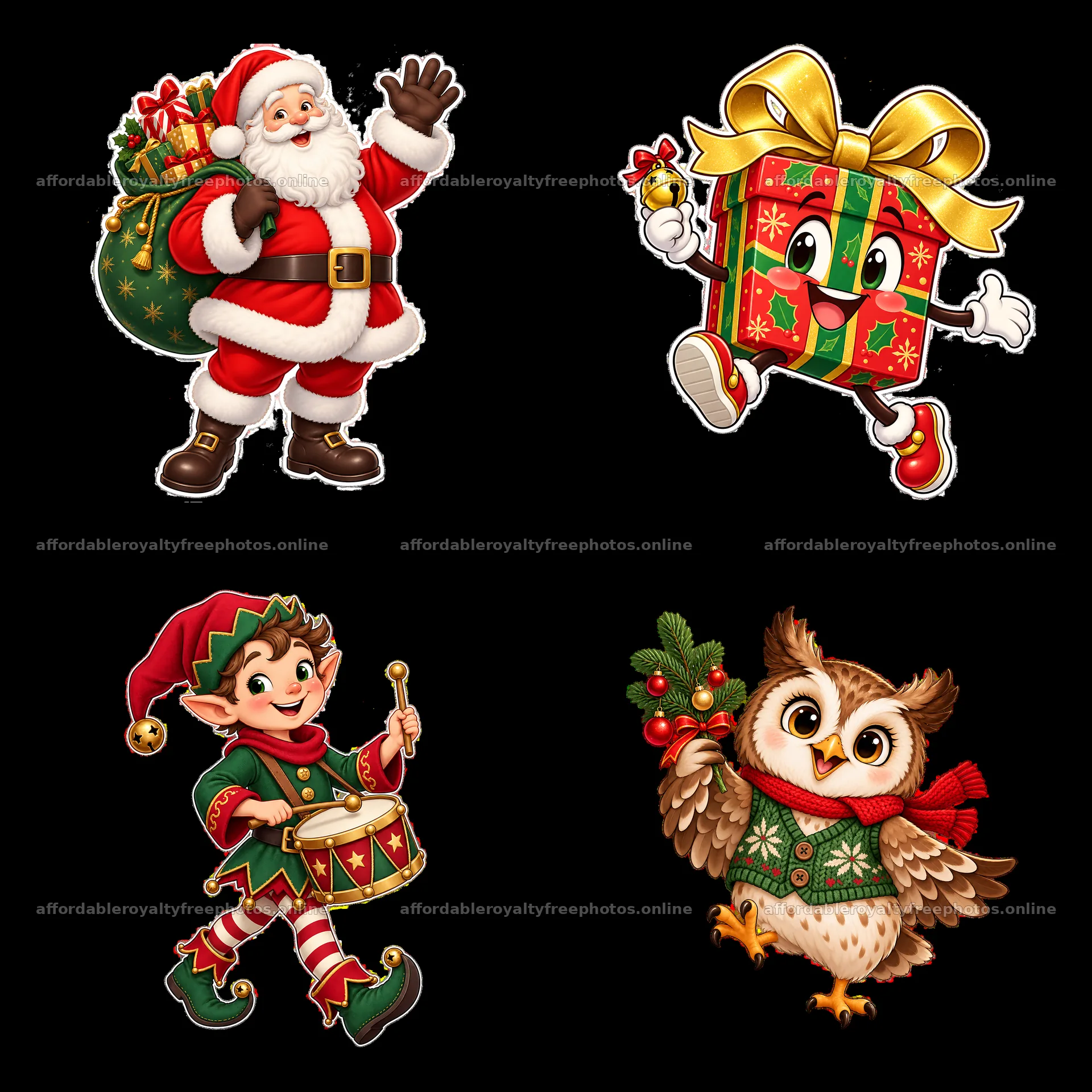 Festive cartoon characters celebrating Christmas in colorful styles – royalty-free photos 7746x7746