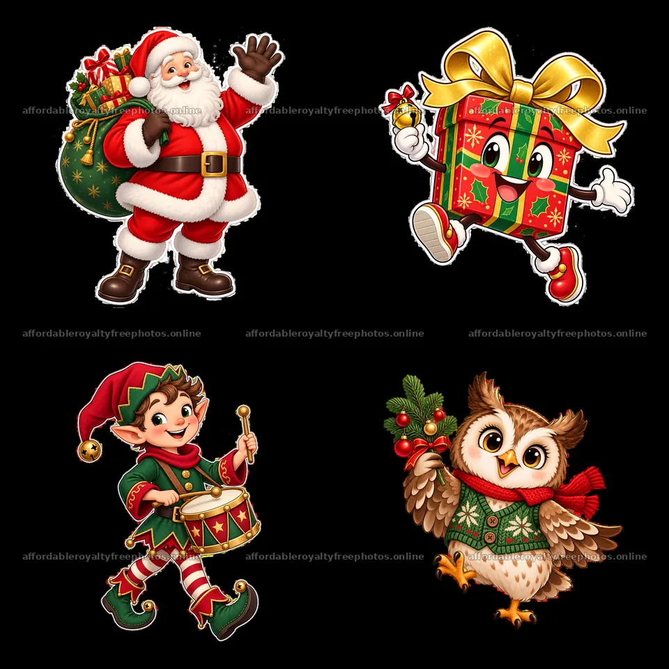 Festive cartoon characters celebrating Christmas in colorful styles – royalty-free photos 7746x7746